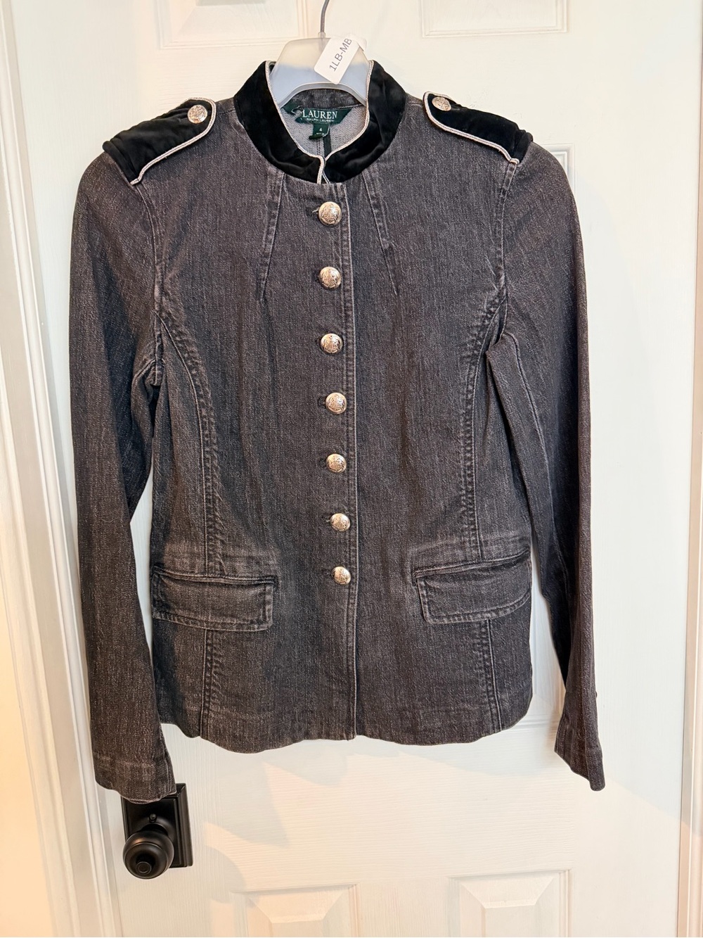 Lauren Ralph Lauren Women’s Size 4 Black Denim Military Blazer Jacket Velvet Tri - Picture 2 of 6